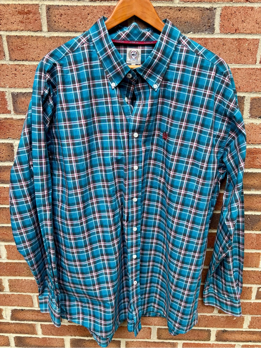 Cinch Western Plaid Button Down Shirt XL Turquoise Blue & Cyan
